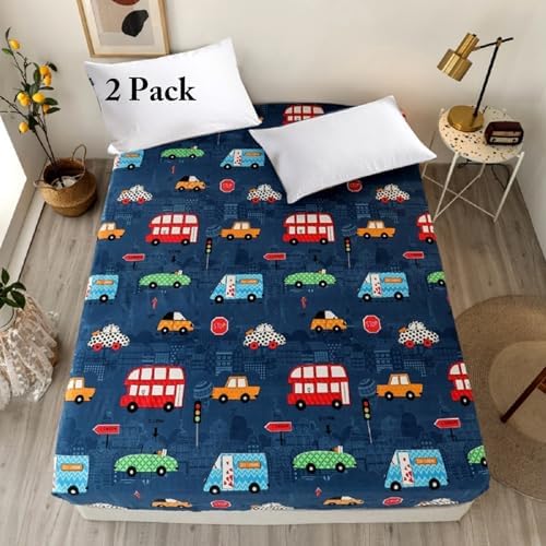 2 Pack Bedding Fitted Sheet with Deep Pocket,Cars Printed Fabric Bed Sheets(Navy Blue(Cars),Twin Pack of 2)