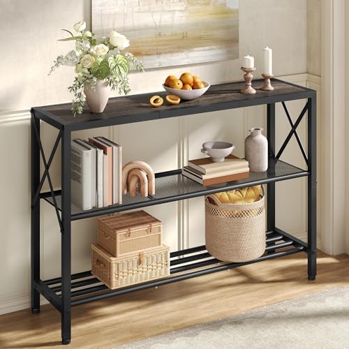 Hoctieon Industrial Console Table, 3 Tier Entryway Table, Hallway Table, Narrow Sofa Table with Shelves, Entrance Table for Entryway, Living Room, Foyer, Office, Grey