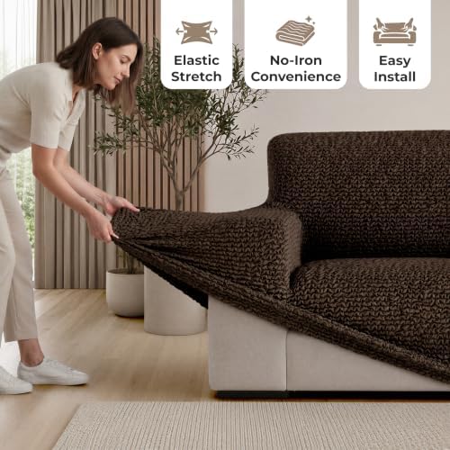 PAULATO Premium Stretch Couch Covers for Sofa - Sofa Chair Cover Washable, Dogs & Pets Friendly - Elastic Polyester Loveseat Slipcovers - Non-Slip Love Seat Couch Covers - Dark Brown (21"-39" Wide)
