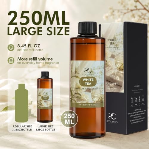Diffuser Oil Refill, 250ml / 8.45 fl oz, White Tea - Reed Diffuser Oil Refill for Home Fragrance, Scented Oil for Reed Diffuser Bottles, White Tea, Bergamot & Sandalwood Notes