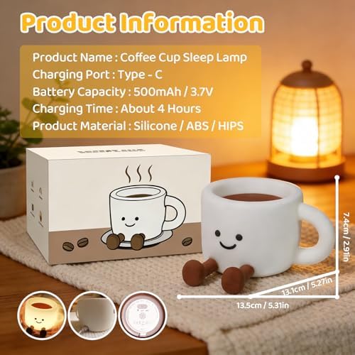 Coffee Cup Night Light, 3 Level Dimmable 30 Timer 7 Colors Nightlight Cute Lamps Silicone Squishy Light USB Rechargeable Bedside Touch Lamp for Baby Desk Dorm Decor Birthday Gift