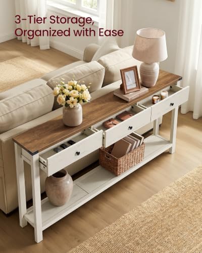 VASAGLE 63 Inche Narrow Console Table with 3 Drawers and Open Storage Shelf