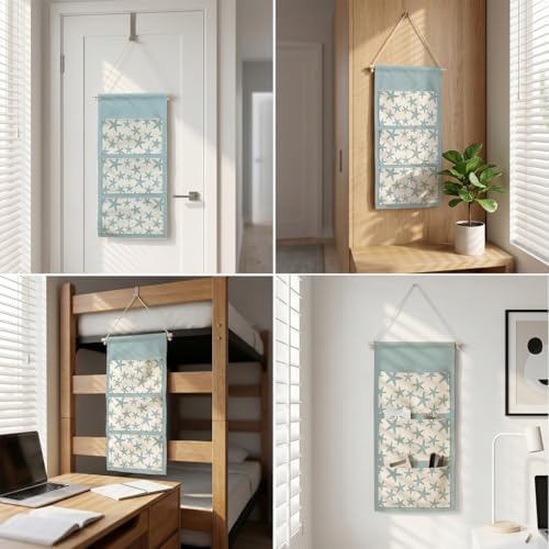 IAXIC Canvas Wall Hanging Organizer with Pockets Fish Extender Hanging Pouch Starfish Print Door Closet Organizers Fabric Storage Pockets Wall Decoration