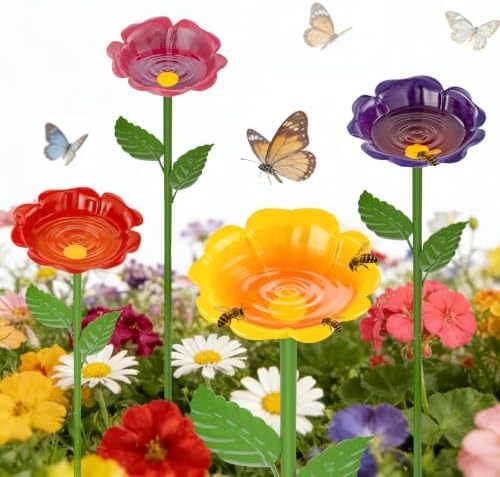 Mellbree Bee Watering Station, 4-Pack Metal Flower Bee Bath for Garden – Butterflies & Pollinators – Colorful Outdoor Gardening Stakes for Yard, Patio, Butterfly Garden, Gardening Essentials, 4
