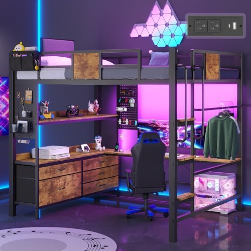 Full Loft Bed with Desk and 5 Storage Drawers, Rustic Brown