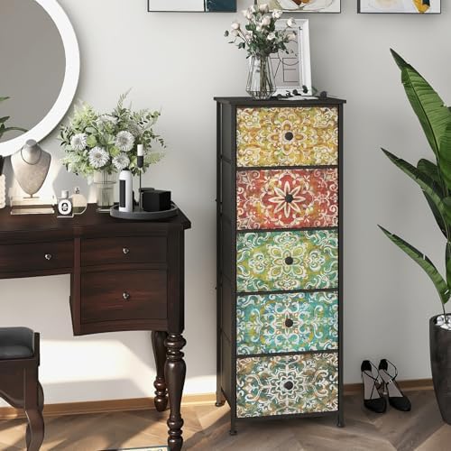 GiftGo Retro Dresser with Fabric Drawers Boho Mandala Flower Chest of Drawers Narrow Storage Tower for Small Spaces Gaps Bedroom Beautiful Nightstand Living Room Table (Mandala, 5 Drawers)