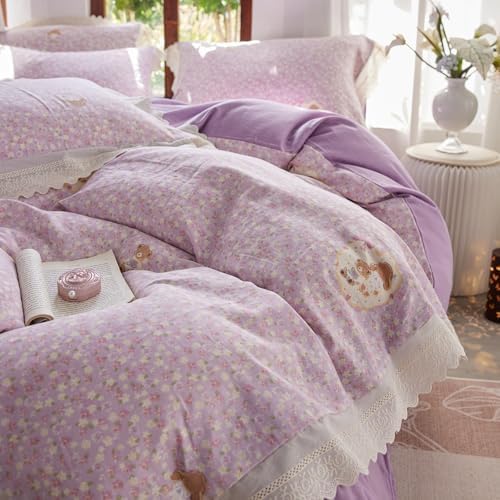 HighBuy Purple Floral Muslin Duvet Cover Twin XL,Ruffle Lace Vintage Floral Bedding Set for Girl College,Gauze Yarn-Dyed Cotton Comforter Cover with Zipper,Breathable,3 Piece,All Season