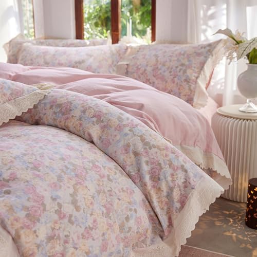 HighBuy Pink Floral Muslin Duvet Cover Twin XL,Ruffle Lace Floral Bedding Set for Girl College,Soft Gauze Cotton Comforter Cover with Zipper for Hot Sleepers,Breathable & Fade-Resistant