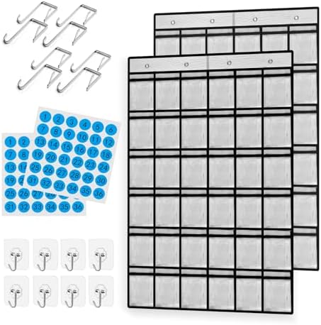 36 Pocket Charts for Classroom Cell Phones, 36 Clear Pocket Charts with Numbered Stickers, Classroom Hanging Cell Phone Organizer, Hangs on Wall, Door Storage Hooks (White) (White-2pack)