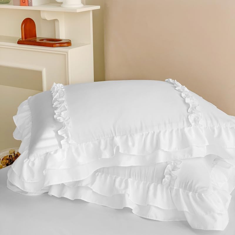 Girls Lace Bedding, Queen Comforter Cover Set, Chic Ruffled Duvet Cover with 2 Layers Ruffle,Princess Style 1 Duvet Cover with 2 Pillowcases, No Comforter-White,Queen Size