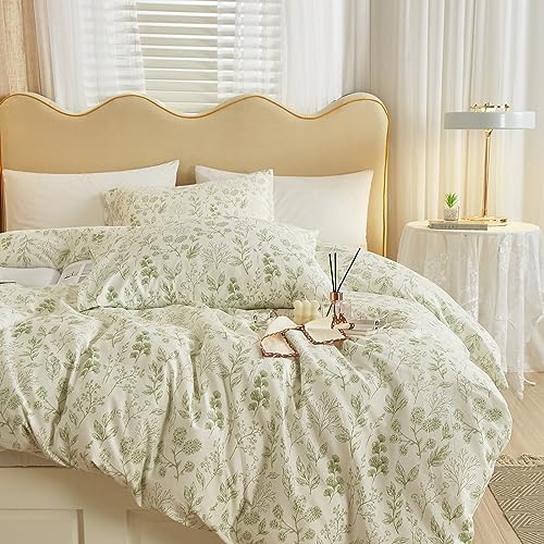 HighBuy 3 Pieces Duvet Cover Full Size White Duvet Cover with Green Floral Print,Coquette Soft Comforter Cover Boho Style,Aesthetic Full Bedding Set with Zipper Closure 4 Ties,All Season