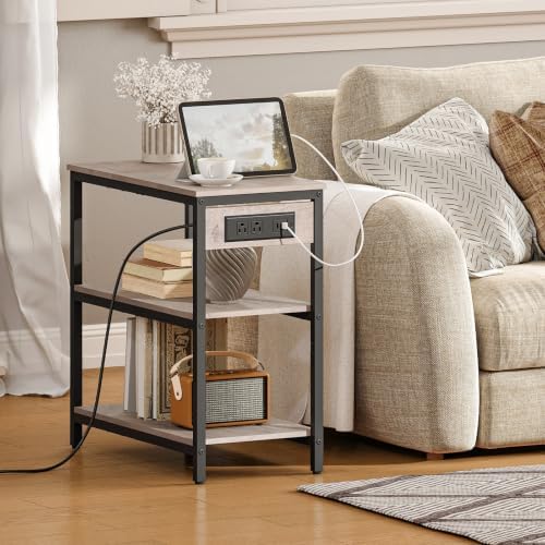 HOOBRO End Table with Charging Station, Side Table with 3 Tier Storage Shelf, Narrow Nightstand for Small Spaces, for Living Room, Bedroom, Easy Assembly, Greige and Black BG149UBZ01