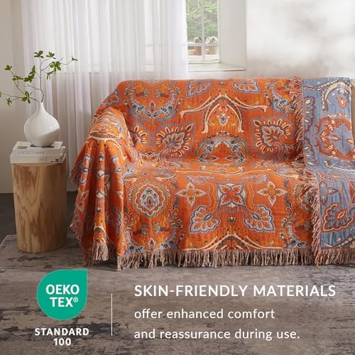Bailix Boho Throw Blanket, 100% Cotton, Woven Floral Pattern, 50"x60"
