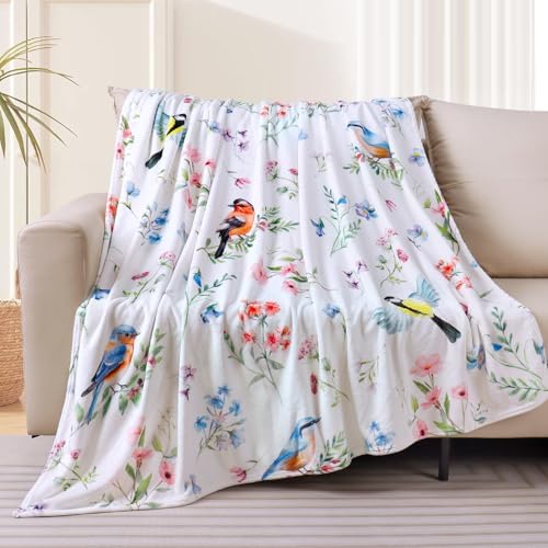 Floral Bird Blanket Ultra Soft Watercolor Flowers Throw Blankets Wildflower Flannel Fleece Throw Botanical Warm Cozy Fuzzy Plus Gifts Cabin Blanket for Bed Sofa,60" X 80"