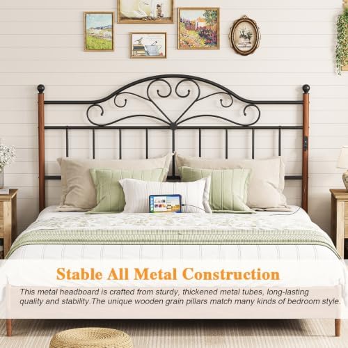 King Size Headboard with Charger Stations, Vintage Metal Headboard Only