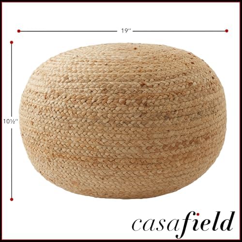 Casafield Hand-Braided Jute Pouf Ottoman Footrest, 19" W x 19" D x 10-1/2" H - Round, Natural Woven Boho Floor Cushion, Home Decor for Living Room
