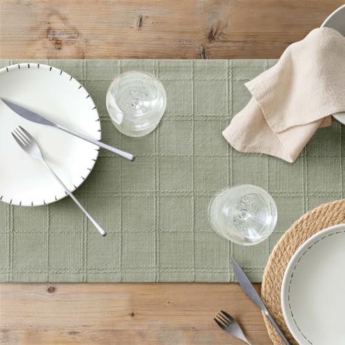 ZeeMart Linen Checked Farmhouse Table Runner, 13x72 Inches Seeding Green