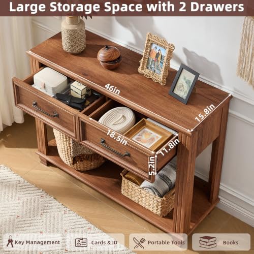 SAVOR LIFE 46" Farmhouse Console Table with Drawers, Brown Entryway Table