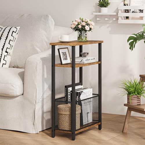 MMEOLUOOK Narrow Side Table with Storage Basket Skinny End Tables for Smalls Spaces 3 Tier Sofa Table Small Nightstand Slim Bedside Table for Living Room Bedroom Rustic Brown MLBZ22RB