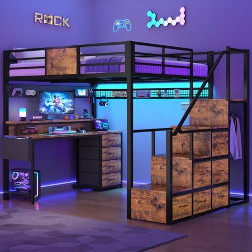Full Size Loft Bed with 55.5" Desk and Storage Stairs, Rustic Brown