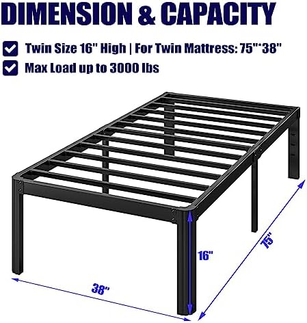 Hunlostten 16" Heavy Duty Twin Bed Frame No Box Spring Needed, Metal Platform Bed Frame Twin with Round Corners, Easy Assembly, Noise Free, Black