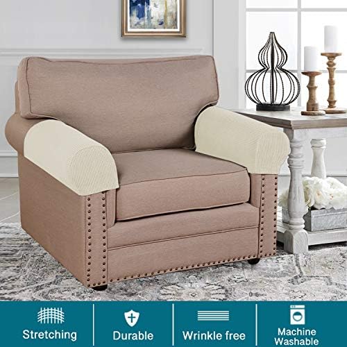 Turquoize Stretch Armrest Covers for Chairs and Sofas Couch Arm Covers for Sofa Spandex Jacquard Armrest Cover Anti-Slip Furniture Protector Armchair Slipcovers for Recliner Set of 2, Natural