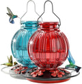 2 Pack Glass Hummingbird Feeder for Outdoors Hanging, Bird Nectar Feeder with Perch & 5 Flower Feeding Ports, 26 Oz Leak Proof for Outside Garden Decor Backyard, Gifts for Women Mom, Red + Blue