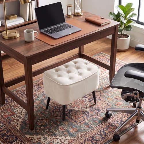 BIRDROCK HOME Tufted Curve Ottoman Velvet Foot Stool - Modern Upholstered Padded Footrest for Living Room or Bedroom - Small Cushioned Accent Chair for Couch, Sofa, or Extra Seating (Tan)