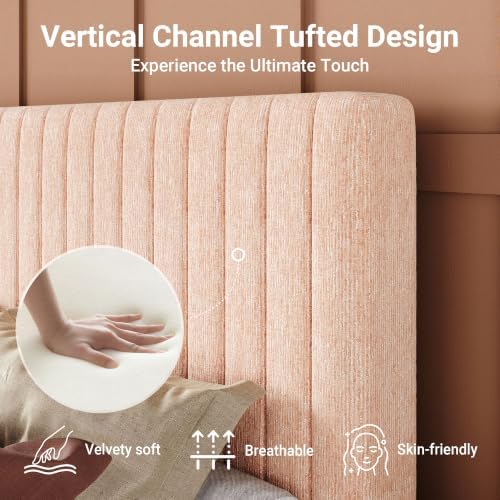 Allewie Full Bed Frame, Upholstered Platform Bed with Adjustable Vertical Channel Tufted Headboard, Mattress Foundation with Strong Wooden Slats, Box Spring Optional, Easy Assembly, Chenille Pink