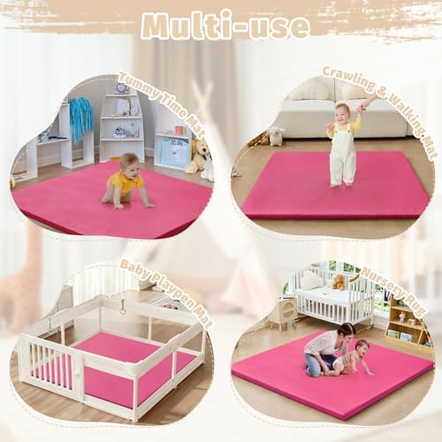 Waterproof Baby Play Mat for Floor Memory Foam 47 * 47 Cushion Playpen Playmat Tummy Time Crawling Mat Nursery Rug Thick Pad Create Soft & Safe Area for Infants,Toddler,Kids,Hot Pink