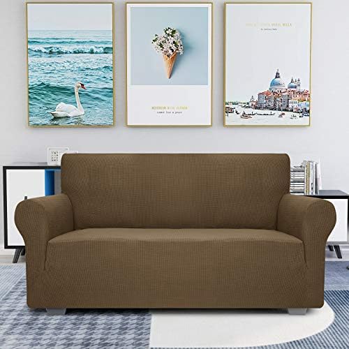 JIVINER High Stretch 1-Piece Jacquard Small Checks Couch Covers for 2 Cushion Couch Anti Slip Love Seat Sofa Covers Loveseat Slipcovers Protector for Kids Pets (Loveseat, Brown)