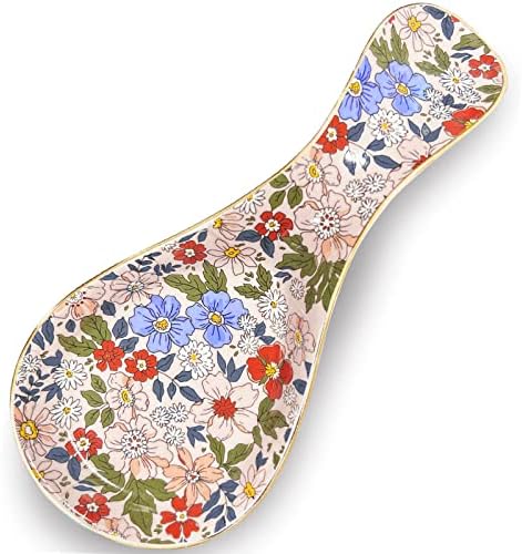 Ceramic Spoon Rest for Stove Top Kitchen Counter Large Spoon Holder Farmhouse Floral Flowers Print Coffee Spoon Cooking Utensil Tools Rest Modern Kitchen Decor