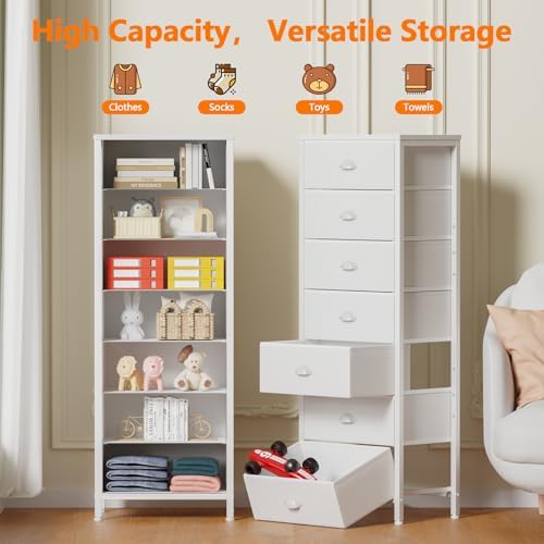 Furnulem White Tall Dresser for Bedroom, Chest of Drawer with Fabric Drawer