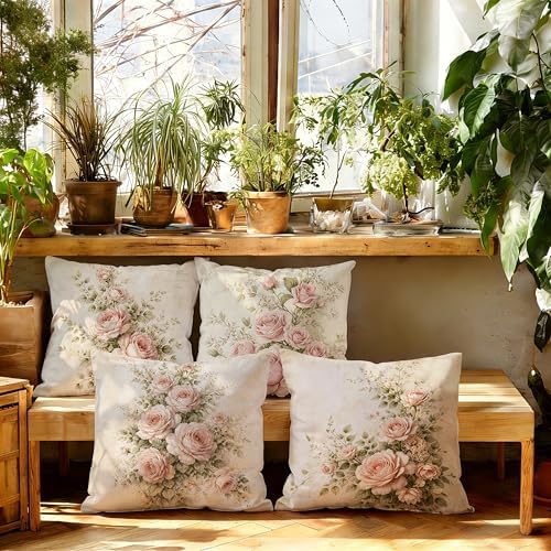 Vintage Pink Rose Floral Pillow Cover 18x18 Double-Sided Set of 4, French Country Decor, Pink Flower Throw Pillow Cover Case for Home Bedroom Living Room