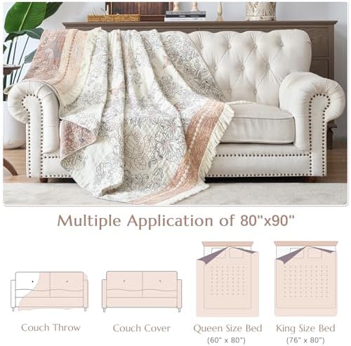 jinchan 100% Cotton Muslin Blanket with Tassel Boho Queen 60x80 Taupe/White