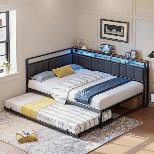 LIKIMIO Full Daybed with Trundle, Charging Station & LED, Black