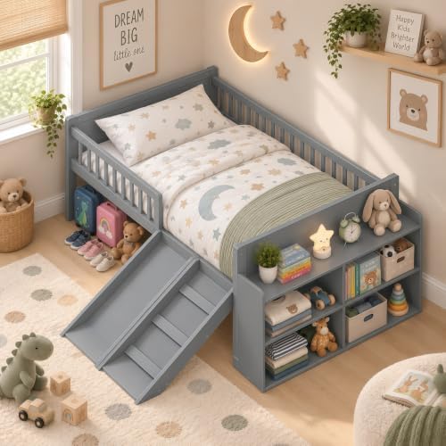 SOFTSEA Full Size Low Loft Bed with Slide and Storage Shelves, Wood Loft Bed Frame with Full Length Guardrails for Kids, Gray