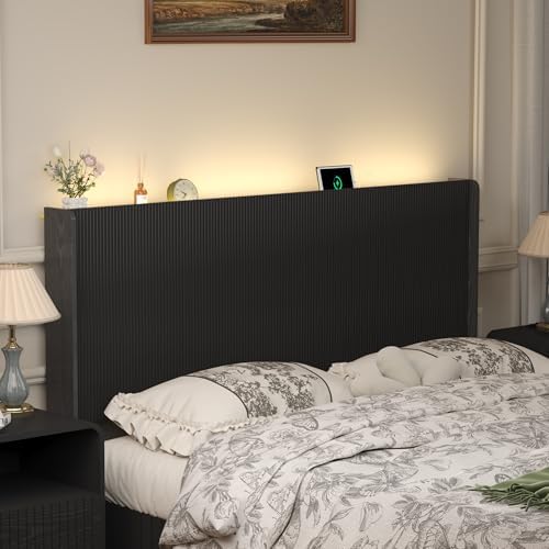 Queen Size Headboard Only, Wood Head Board with Charging Station & LED Lights, Modern Fluted Wall-Mounted Bed Headboards for Bedroom, Height Adjustable, Black