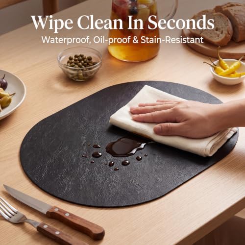 Oval Placemats Set of 4, Wipeable Faux Leather, Black
