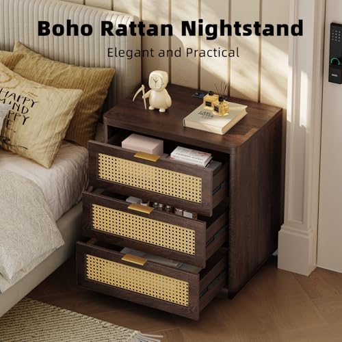 Kalrin 23" W Rattan Nightstand with 3 Drawers for Bedroom, Dark Walnut
