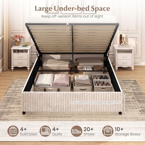 GIANTEX Queen Size Lift Up Storage Bed, Modern Corduroy Upholstered Platform w/Wingback Headboard, Hydraulic Support, Queen Bed Frame with Storage, No Box Spring Needed (Beige)