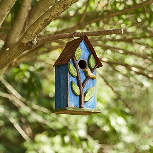 Glitzhome Bird Houses for Outside, 9.7" H Hanging Bird House for Outdoor, Patio Garden Decorative Pet Cottage Distressed Wooden Birdhouse for Bluebird Hummingbird Wren Finch Cardinals, Blue Leaves