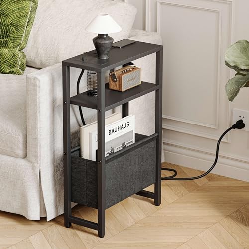 Narrow Side Table with Charging Station, Slim End Table with Magazine Rack, Bedside Table for Small Spaces, 3 Tier Sofa Couch Table Nightstand for Living Room, Bedroom, Black LET503BE
