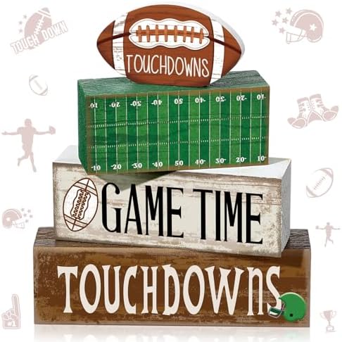 Yuntau 4 Pcs Fall Football Table decoration Centerpieces Wooden Blocks sign
