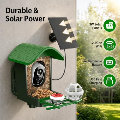 2.4GHz WiFi Solar Security Camera Wireless,3K HD Smart Bird Camera with AI Bird Species Identification & Real-Time App Alerts, Chew-Proof & Waterproof for Outdoors（Green）