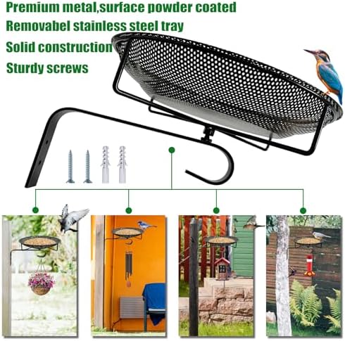 CQAIRIOU Wall Mounted Bird Feeder Tray,11.8" Stainless Steel Large Fence Tree Mount Birds Feeder for Outside Wild Birds, Table Mountable Platform Bird Feeder Mesh Seed Tray with Hanging Hook