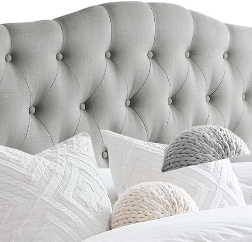 Rosevera Givanna Adjustable Height Headboard with Linen Upholstery and Button Tufting for Bedroom, King, Gray Linen