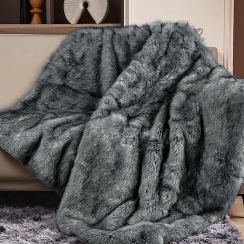 Touchat Luxury 1000GSM Faux Fur Throw Blanket, Super Heavy Thick Warm Cozy Blankets for Couch Bed Sofa, Plush Fuzzy Elegant Soft Reversible Mink Blanket for Living Room Bedroom 50''x60'', Grey&Black