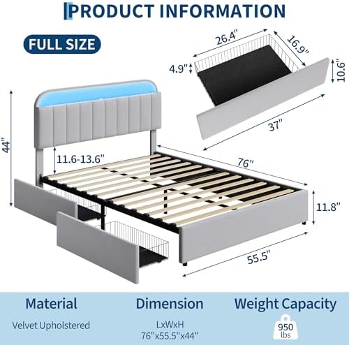 GarveeHome Full Bed Frame, Platform Bed with Storage Headboard & Drawers