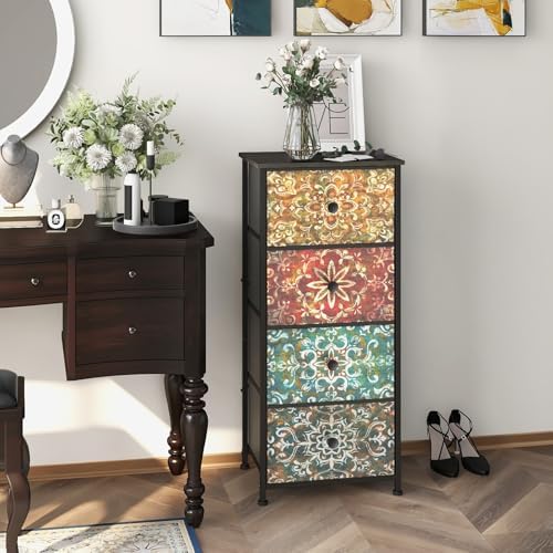 GiftGo Retro Dresser with Fabric Drawers Boho Mandala Flower Chest of Drawers Narrow Storage Tower for Small Spaces Gaps Bedroom Beautiful Nightstand Living Room Table (Mandala, 4 Drawers)
